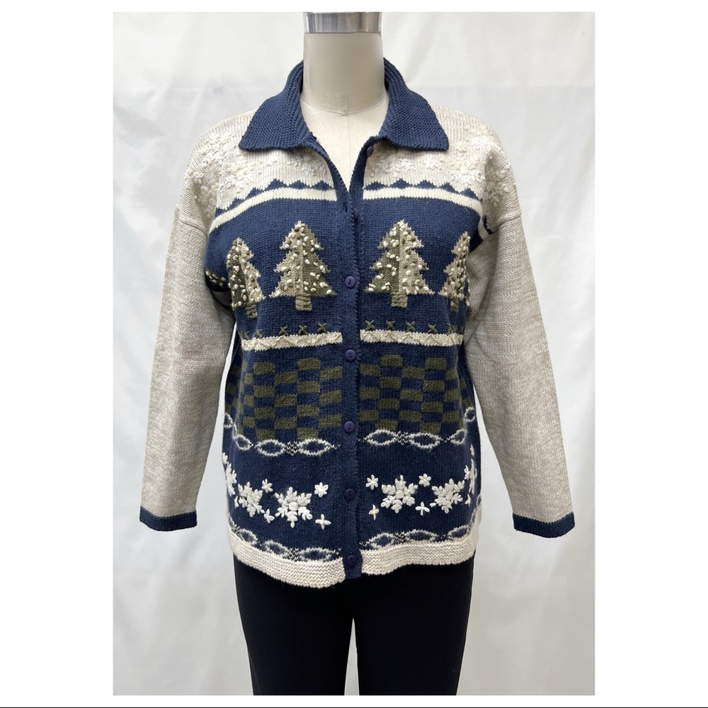 Navy Beige Button Down Embroidered Christmas Scene Sweater Knit Cardigan